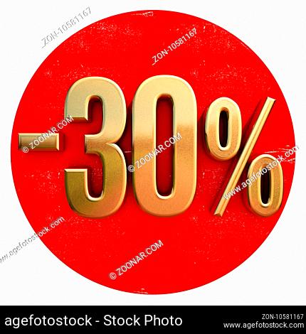 Gold 30 Percent Sign on Shabby Red Circle with Shadow, 30% Off Hot Deal and Save Money Sign, Special Offer Banner, Price Tag