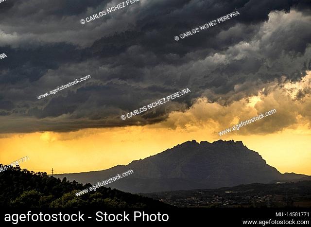 Intense rain storm in Montserrat mountain in the province of Barcelona in Catalonia, Spain