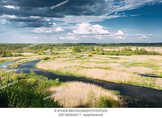 Gomel, Belarus. River Landscape With Clouds. Summer Sunny Day. Nobody