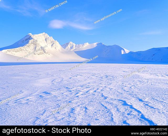 Mountains in the north of glacier Vestre Groenfjordbreen. Landscape in Van Mijenfjorden National Park, (former Nordenskioeld NP), Island of Spitsbergen