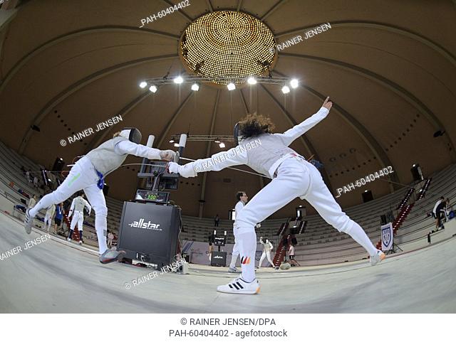 Athletes in action during the Fencing competitions of the European Maccabi Games at the Olympic Park in Berlin, Germany, 29 July 2015