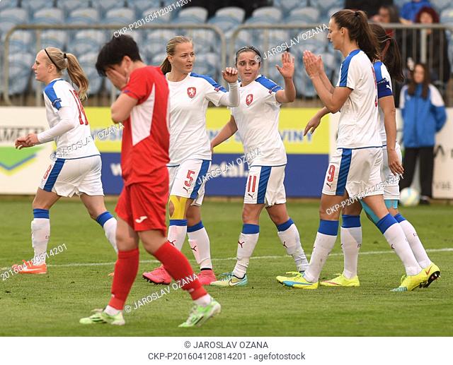 Soccer players of Czech Republic celebrate 4th goal during the women's football European Cup 2017 qualifier, Czech Republic vs Georgia, in Opava, Czech Republic