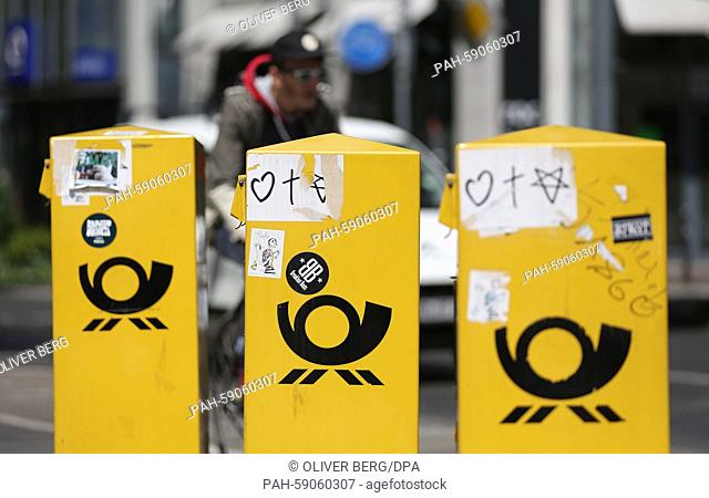 Mailboxes in Cologne,  Germany, 09 June 2015. The labor union continues their open-ended strike of the Deutsche Post on Tuesday