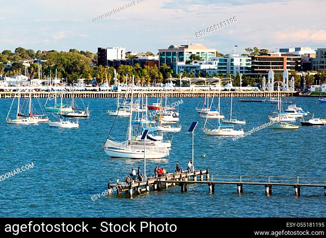 Cunningham Pier and Geelong waterfront on a warm summer#39;s evening in Victoria, Australia