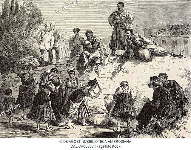 Washerwomen in a village occupied by Circassia troops, women washing clothes, Bulgaria, Russian-Turkish war, illustration by Baude from L'Illustration