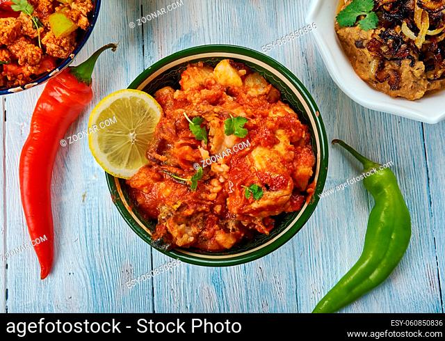Dahi Chicken, Yogurt Marinated Chicken Curry, Hyderabadi cuisine, Asia Traditional assorted dishes, Top view