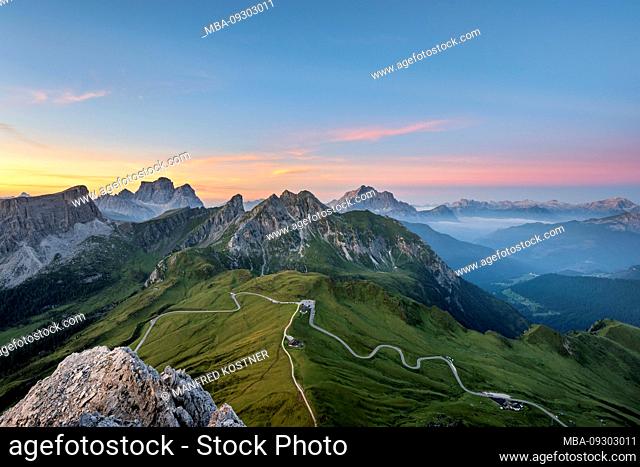Cortina d'Ampezzo, Belluno, Veneto. Italy. Passo Giau, Mount Pelmo, Monte Cernera and Monte Civetta just before sunrise
