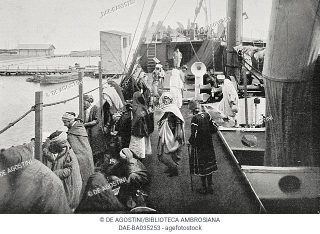 Muslim pilgrims departing for Mecca from Tunis, Tunisia, photograph by Trampus, from L'Illustrazione Italiana, Year XXXIV, No 13, March 31, 1907