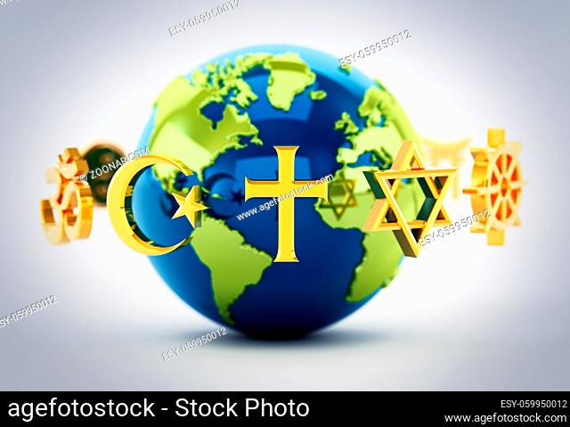 Religion symbols scattered around earth . 3D illustration