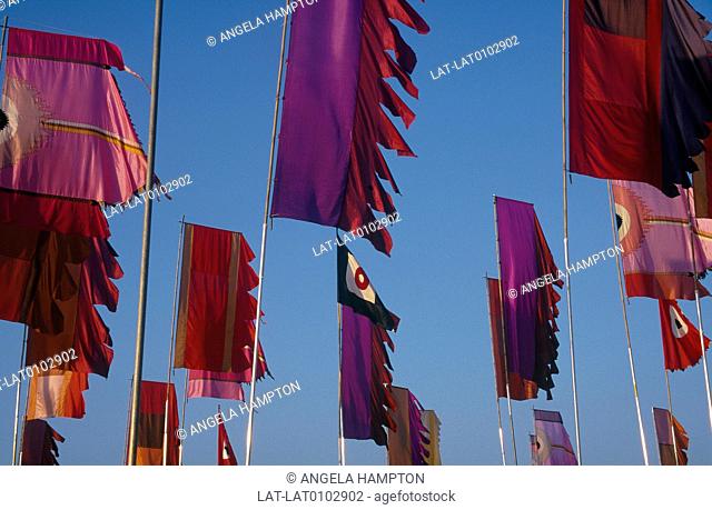 WOMAD world music festival. Rows of flags on long poles