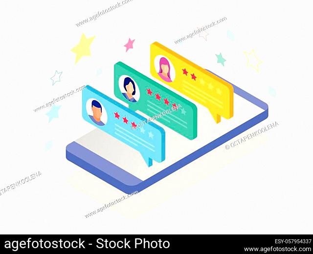 Customer reviews. Review rating on mobile phone, feedback vector illustration. Reading customer review in smart phone before buying products