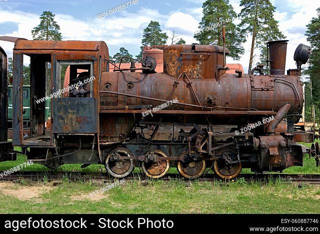 old steam train at a railway museum of Pereslavl, Russia