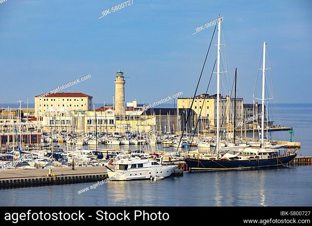 View to Marina San Giusto and the lighthouse La Laterna, Trieste, Gulf of Trieste, Friuli Venezia Giulia, Italy, Europe