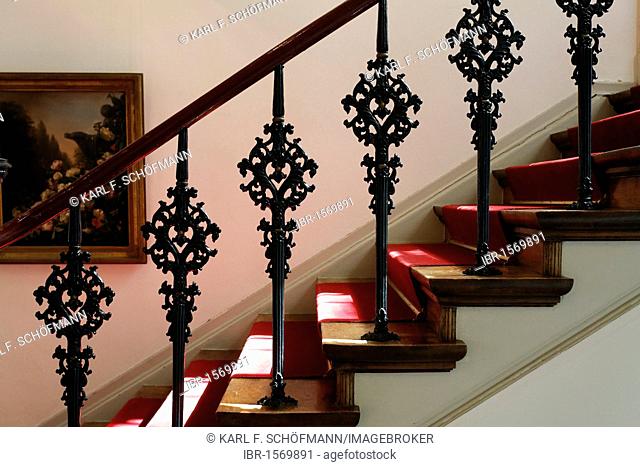 Staircase with decorative cast iron railings from the 19th century, Koekkoek-Haus museum, Kleve, Niederrhein region, North Rhine-Westphalia, Germany, Europe