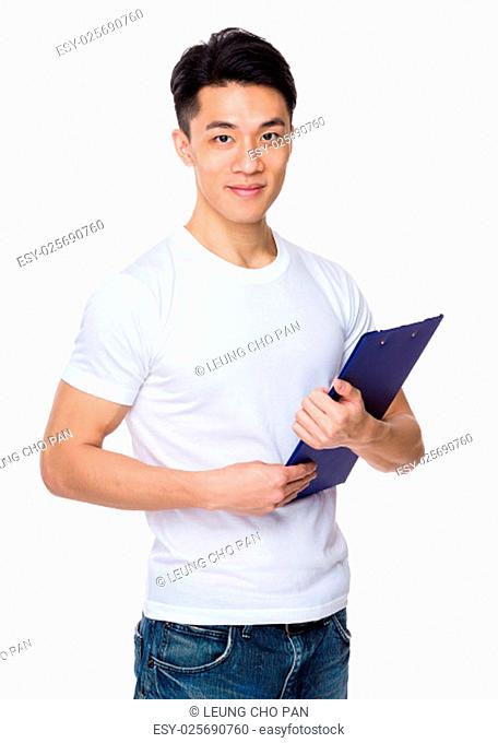 Asian man holding with clipboard