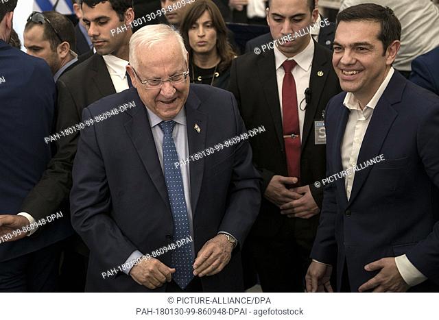 Israeli President Reuven Rivlin (L) attends with Greek Prime Minister Alexis Tsipras during a foundation stone-laying ceremony for a Holocaust museum in...
