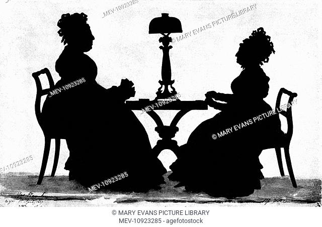 The Card Players in silhouette by Edouart - Mrs Newnham, aged 80 years of 7 Edgar Buildings, and Miss Wilkinson, taken at Bath, 1st April 1827