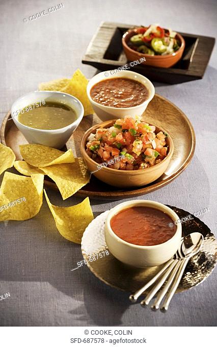Corn Chips with Four Different Salsas and Dips