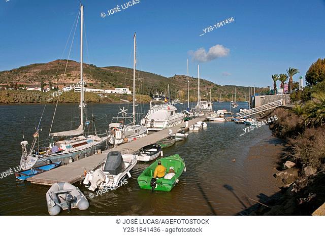 Guadiana river and boats, Spanish-Portuguese border, Sanlucar de Guadiana, Huelva-province, Spain, In the background Alcoutim Portugal