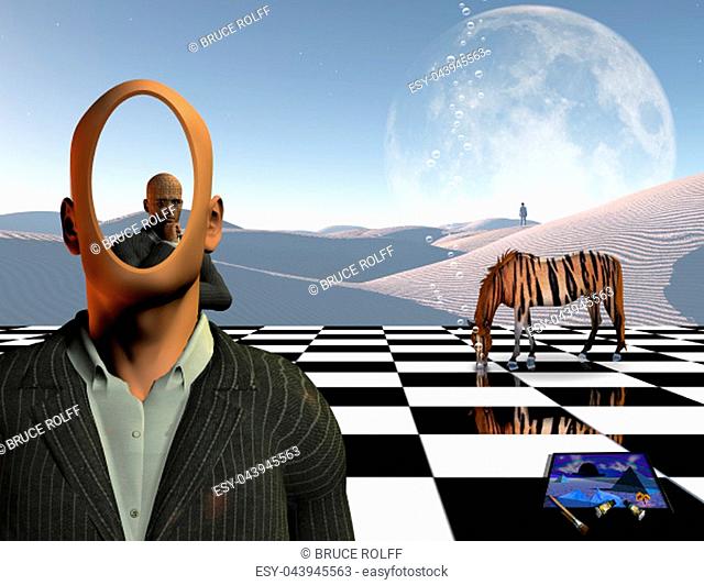Surreal unusual art solutions. Faceless man with another thinking businessman behind him stands on chessboard. Lonely man in a distance