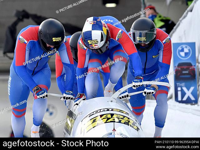 10 January 2021, North Rhine-Westphalia, Winterberg: Bobsleigh: World Cup, four-man bobsleigh, men, 1st run: Pilot Rostislav Gaitiukevich with Mikhail Mordasov