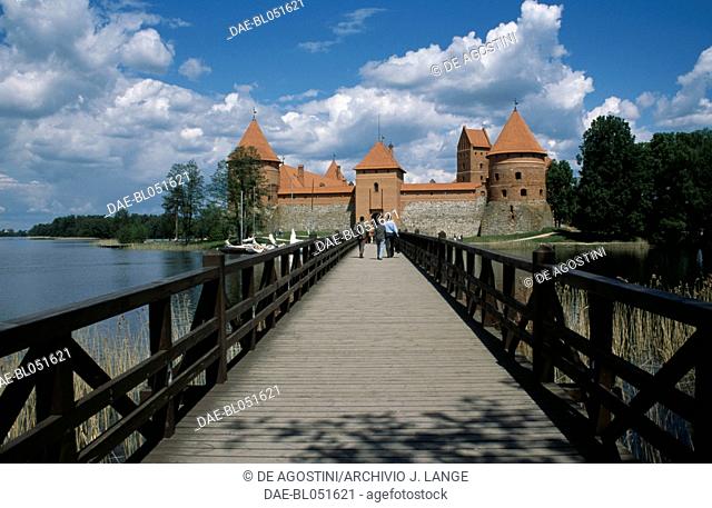View of the Trakai Island Castle from its bridge, Lake Galve, Lithuania, 14th century