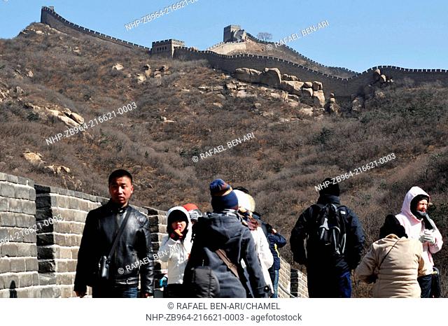 BEIJING - MARCH 10:Visitors walks on the Great Wall of China on March 10 2008 The Great Wall of China is the longest man-made structure in the world Photo by...