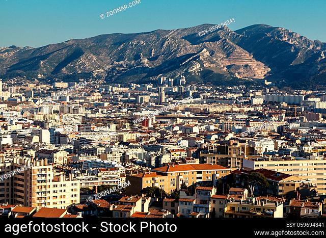 Aerial View of Marseille City and Mountains in Background, France