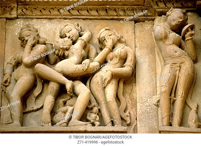 Erotic sculptures in Hindu temple, Khajuraho. Madhya Pradesh, India