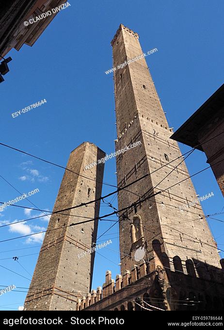 Torre Garisenda and Torre Degli Asinelli leaning towers aka Due Torri (meaning Two towers) in Bologna, Italy