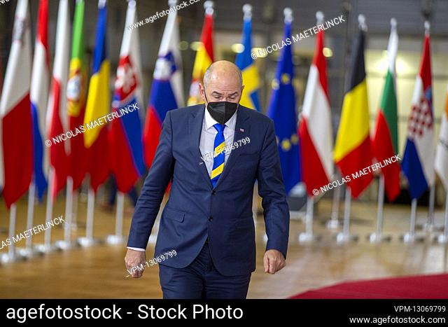 Prime Minister of Slovenia Janez Jansa arrives for a special meeting of European council called in emergency after the launch of Russian military operations in...