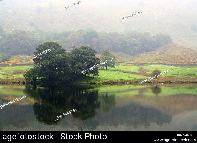 Rydal Water and Loughrigg Fell on a misty autumn afternoon, Lake District National Park, Ambleside, Cumbria, United Kingdom, Europe
