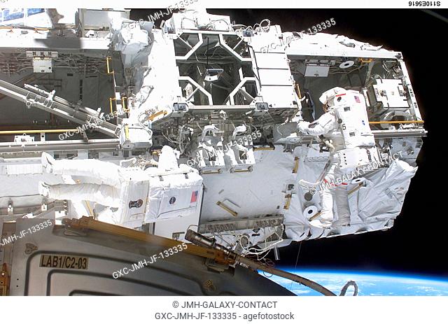 Astronauts Steven L. Smith (right) and Rex J. Walheim work on the S0 (S-zero) truss, newly installed on the International Space Station (ISS)