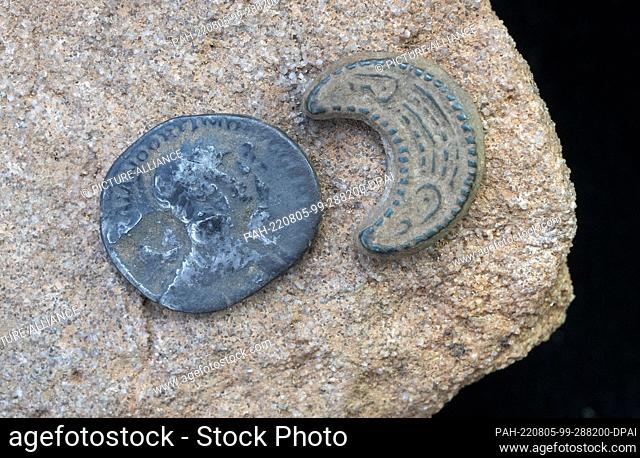 05 August 2022, Saxony-Anhalt, Nebra: A Roman coin with the image of the Roman emperor Hadrian and a fitting in the Nordic animal style are shown as excavation...