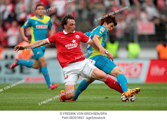 Mainz Julian Baumgartlinger (l) and Cologne's Yuya Osako (r) in action during the Bundesliga soccer match 1s FSV Mainz 05 vs 1st FC Koeln in Mainz, Germany