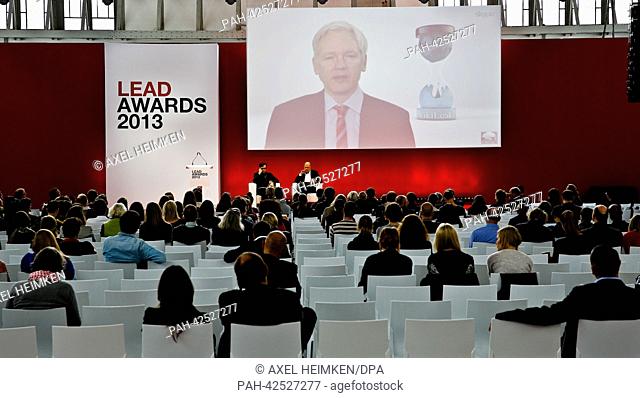 Wikileaks founder Julian Assange talks during a symposium via a video link at the Lead Awards at Deichtorhallen in Hamburg,  Germany, 13 September 2013