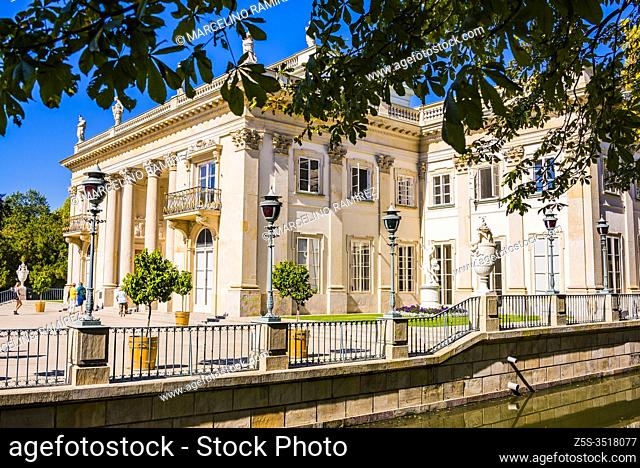 Principal, south, facade. The Palace on the Isle, Palac Na Wyspie, also known as Baths Palace, Palac Lazienkowski, is a classicist palace in Warsaw's Royal...