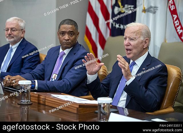United States President Joe Biden, with administration officials, meets with union and business leaders to discuss his $1