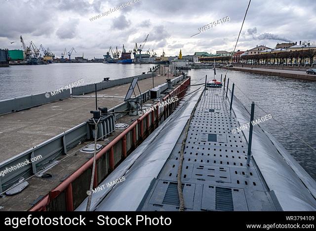 Vasilievsky Island, near Universitetskaya Naberezhnaya, the S-189 Submarine Museum, a craft built in the 1950s, view of the deck from the coning tower