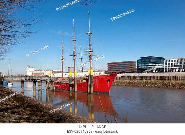 Historic sailing ship anchoring on the Weser river in Bremen, Germany