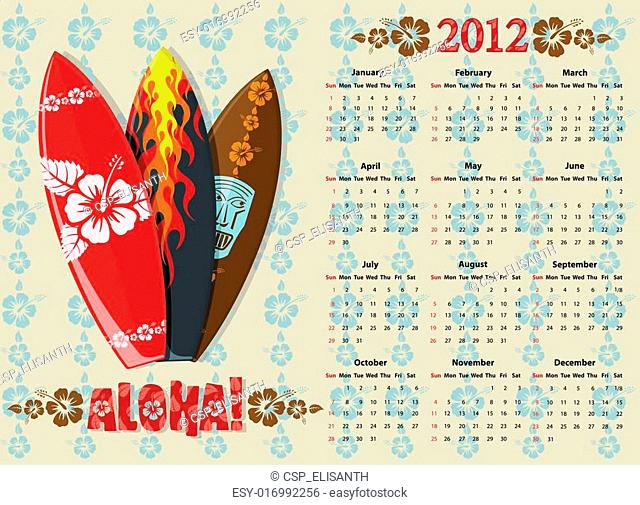 Vector Aloha calendar 2012 with surf boards