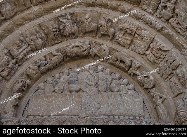 last supper scene on North Romanesque portal, Church of El Salvador, Romanesque from the 13th century, Ejea de los Caballeros, Cinco Villas, Aragon, Spain