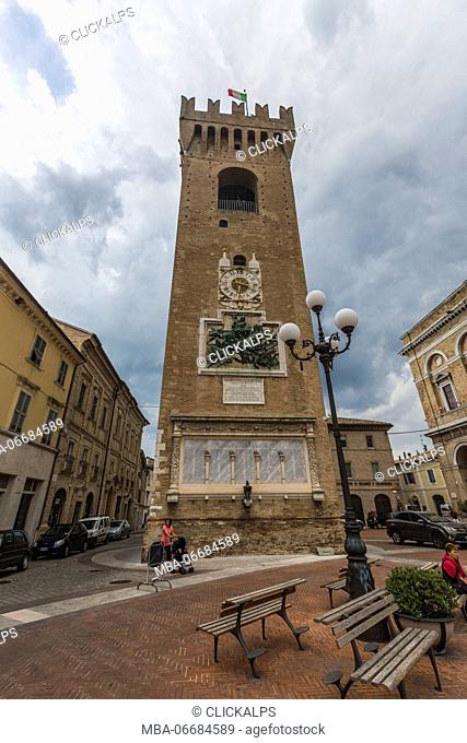 The medieval civic tower in the hometown of the poet Giacomo Leopardi Recanati Province of Macerata Marche Italy Europe