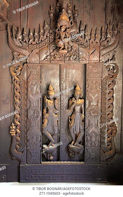 Myanmar, Burma, Mandalay, Shwe In Bin Kyaung wooden monastery, woodcarving detail