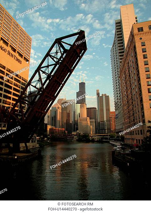 Chicago, IL, Illinois, Windy City, Downtown, skyline, North Branch Chicago River, railroad drawbridge raised