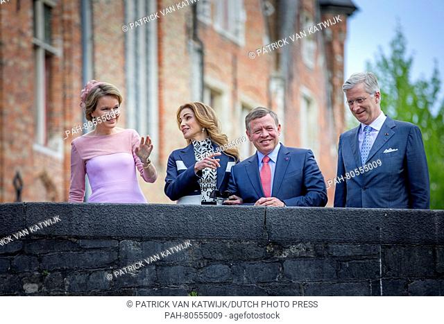King Abdullah and Queen Rania of Jordan and King Philippe and Queen Mathilde of Belgium at a bridge at the Vismark (fish market) in Bruges, Belgium, 19 May 2016