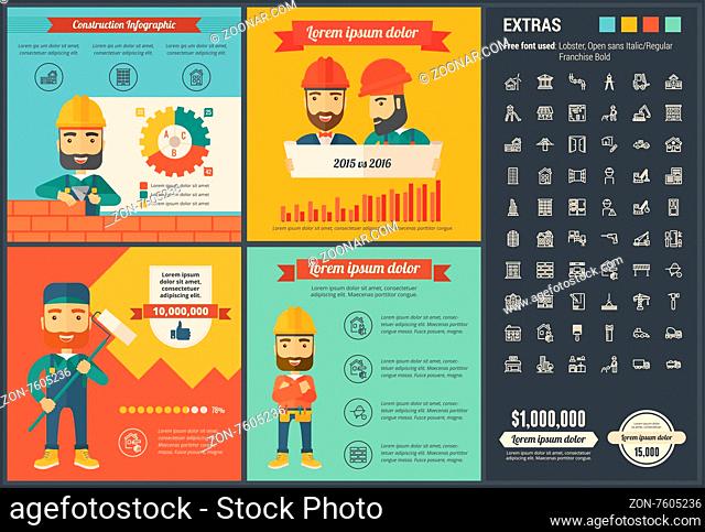 Construction infographic template and elements. The template includes illustrations of hipster men and huge awesome set of thin line icons