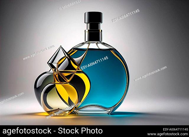 Creative and brandless Perfume bottle and flower on the wooden table, closeup. ai generative