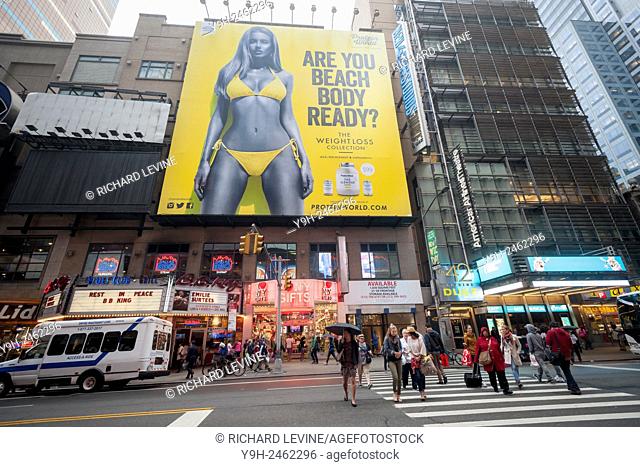 A billboard for Protein World asking whether you are ''beach body ready'' in Times Square in New York. The advertising featuring model Renee Somerfield elicited...