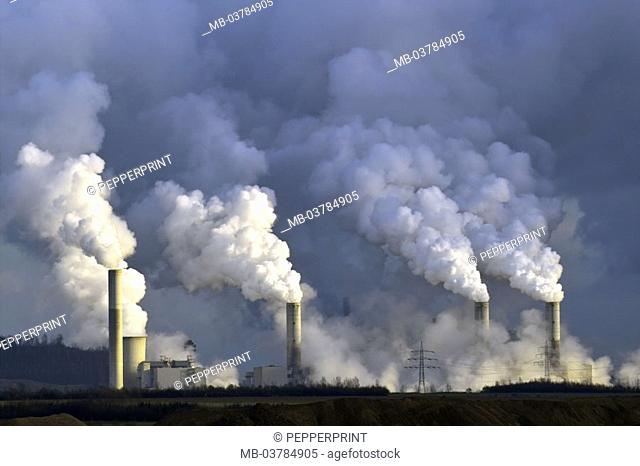Germany, NRW, Grevenbroich,  Coal-fired power station, chimneys,  Smoke  Power plant, cool towers, industrial installation, Heizkraftwerk, smoke, soot